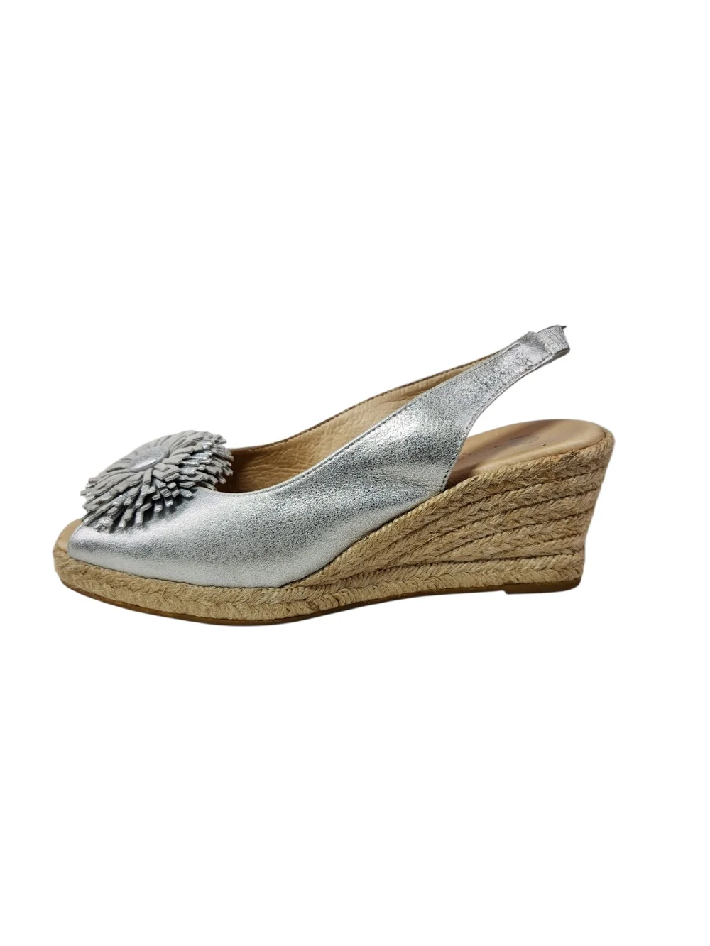 Eric Michael Silver Metallic Leather Espadrille Wedge Slingback Sandals Pom 6.5